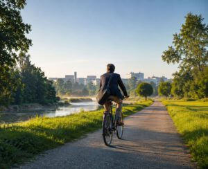 Kongressgast fährt mit dem Fahrrad durch die Isarauen Richtung TUM Campus Garching